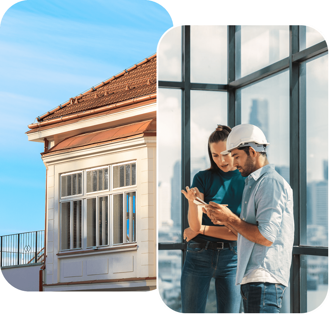 Building facade and two people discussing plans.