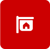 Red house icon on a red background.