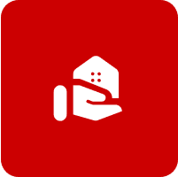 Hand holding house icon on red background.